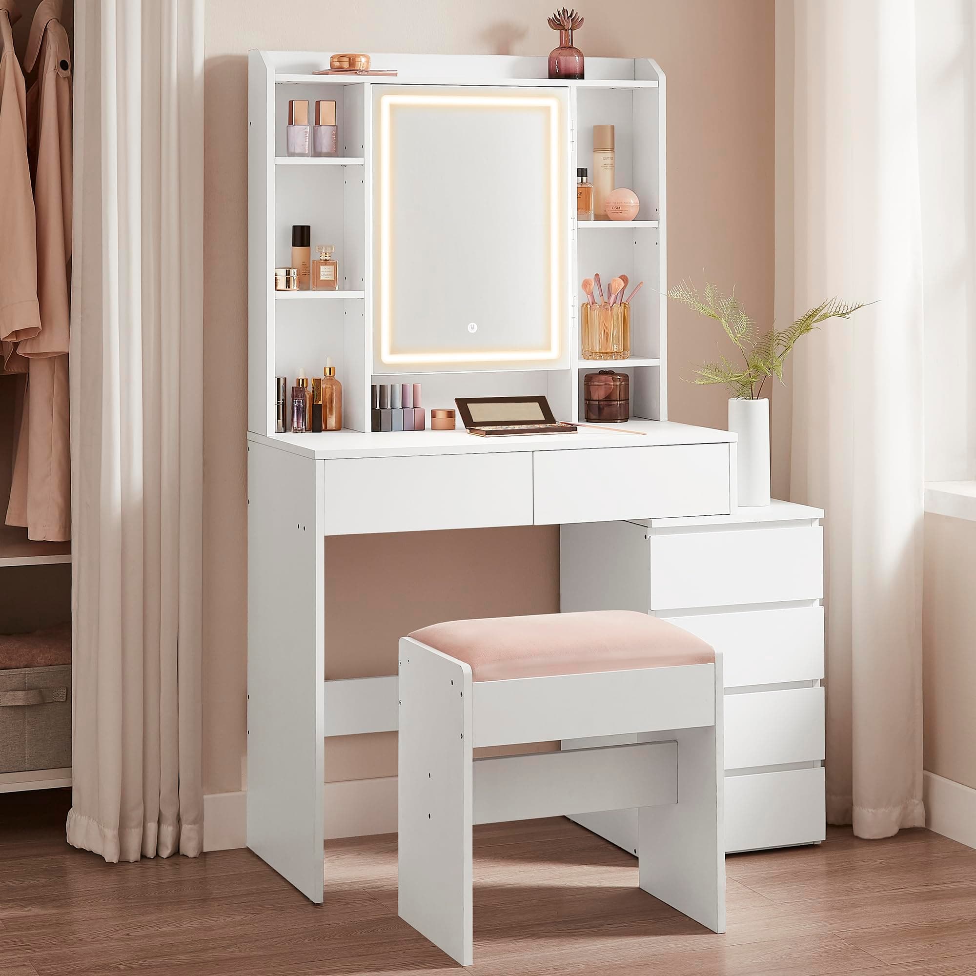 VASAGLE Schminktisch mit LED-Beleuchtung, Hocker, Frisiertisch mit Spiegel, Schubladen 🌟👑