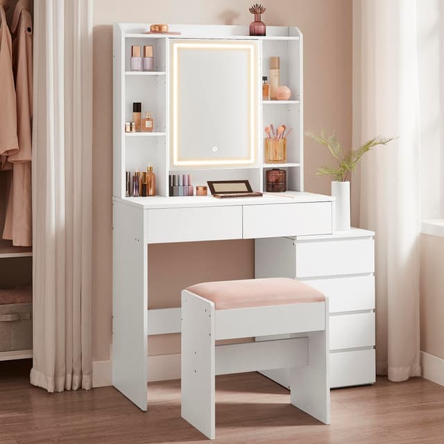 VASAGLE Schminktisch mit LED-Beleuchtung, Hocker, Frisiertisch mit Spiegel, Schubladen 🌟👑