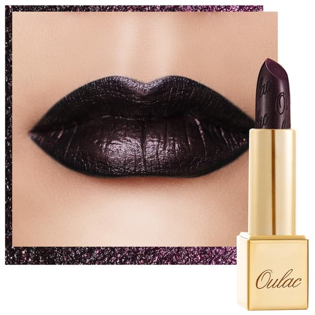 OULAC Lippenstift Metallic Glanz Finish, Halloween Schwarz Glitzer Lippenstift mit Lang Anhaltendem 3D-Glanz, Intensive Farbe, Cremige und Feuchthaltende Formel, Vegan, 4.3g (21) Midnight Mirage Metallic Black 🎃