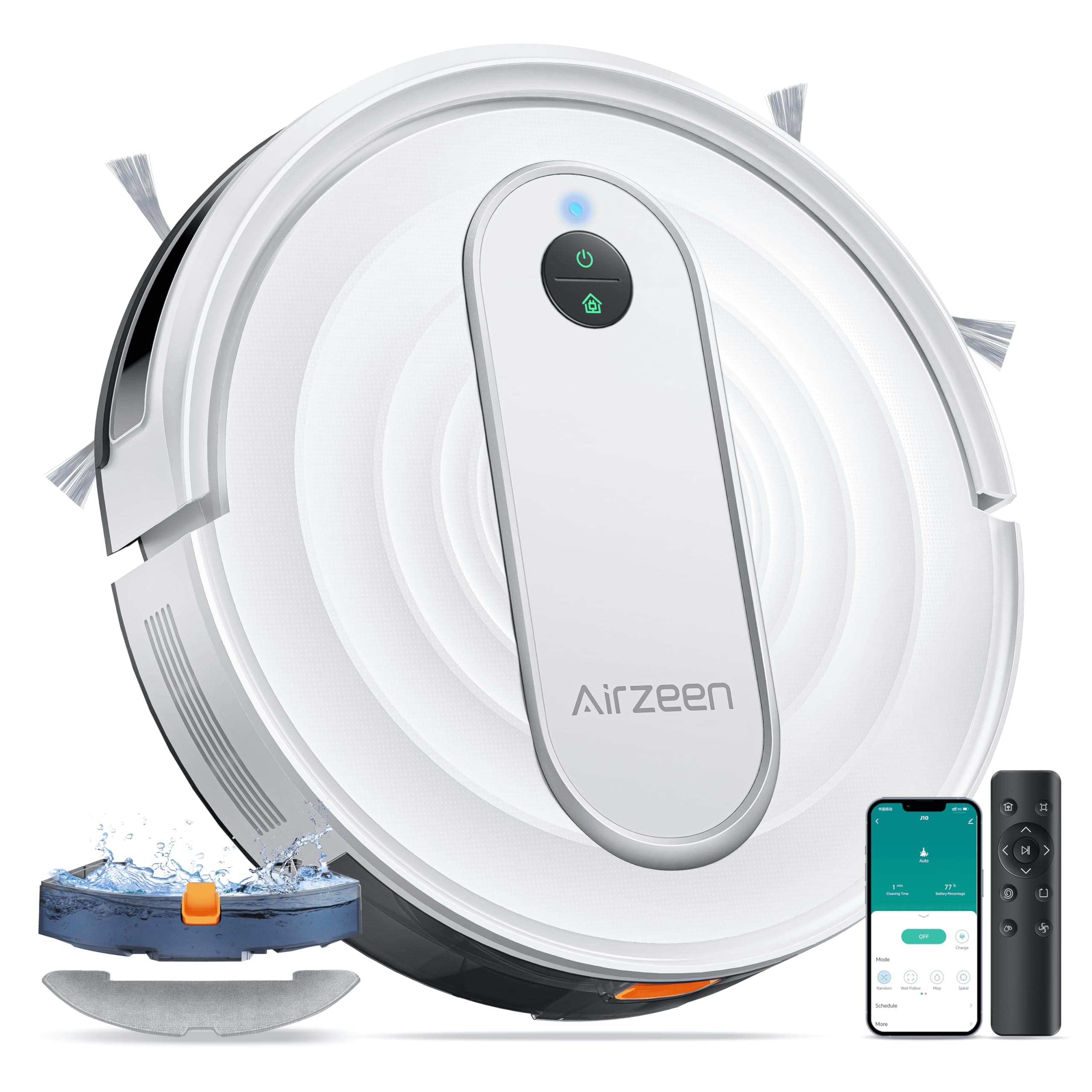 Airzeen Saugroboter mit Wischfunktion, 4000Pa Starke Saugkraft J10 Staubsauger Roboter mit Wischfunktion, Fernbedienung und APP gesteuerter Saugroboter - Weiß