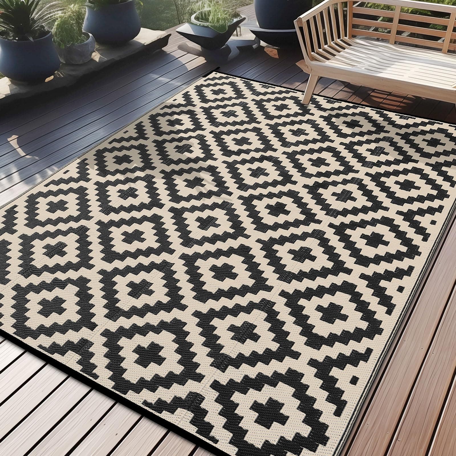 🌞🌿 Homaxy Outdoor Teppich Wetterfest 180x270cm Schwarz & Beige 🌿🌞