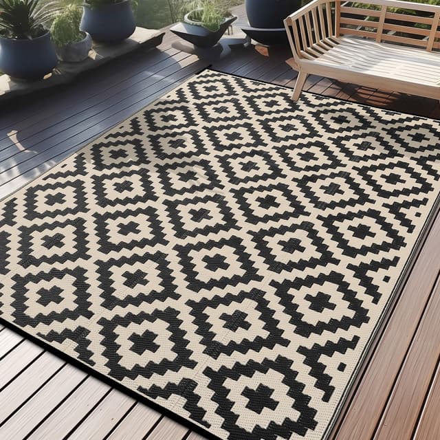 🌞🌿 Homaxy Outdoor Teppich Wetterfest 180x270cm Schwarz & Beige 🌿🌞