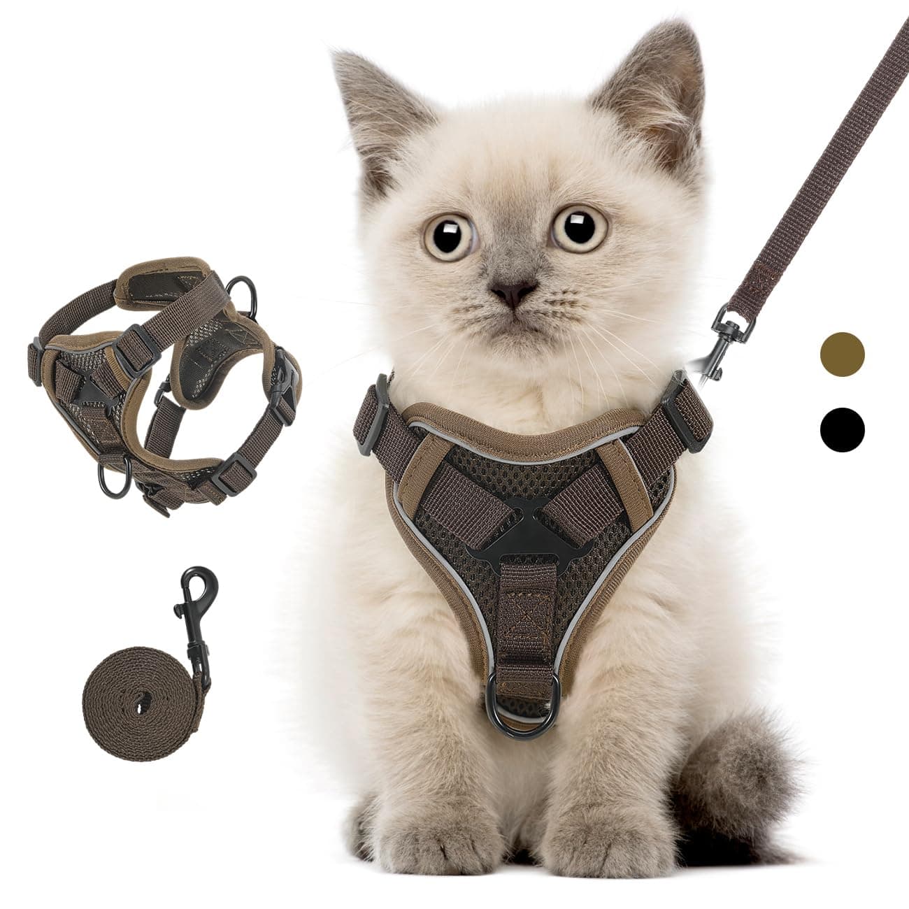VavoPaw Katzengeschirr mit Leine Ausbruchsicher, Verstellbar Katze Brustgeschirr mit Reflektierend Streifen & Atmungsaktiv Netzgewebe, Weich Haustier Geschirr für Katzen Kätzchen Welpen, S Kaffee 🐱