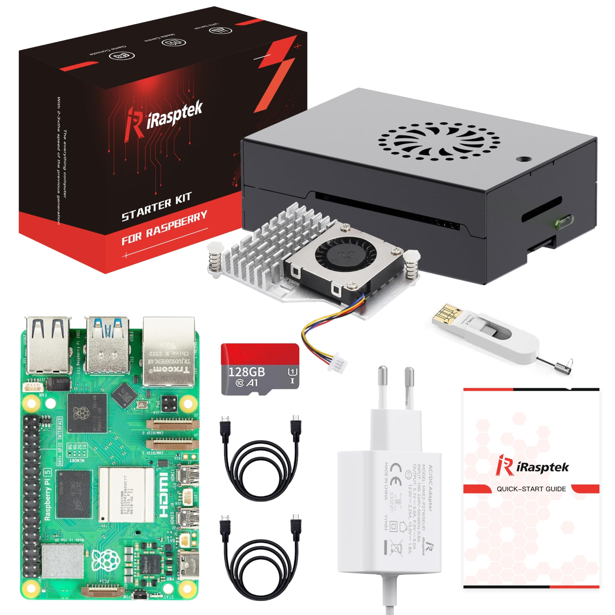 🌟 iRasptek Raspberry Pi 5 8GB Starter Kit - 128GB Edition von OS-Bookworm 🌟