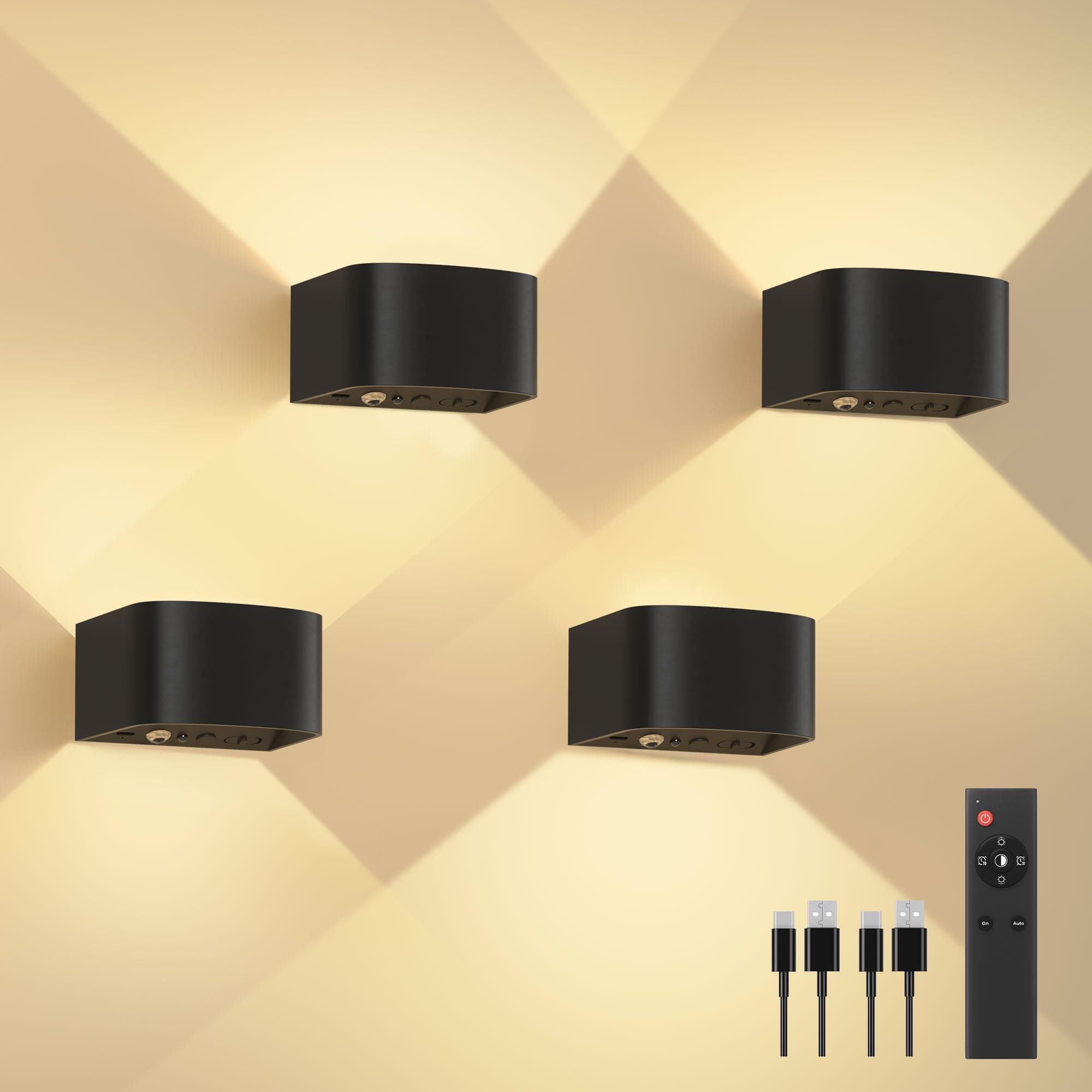 🔦🌌 FULEN 4 Stück Akku Wandlampe Innen mit Bewegungssensor, Fernbedienung 3 Farben Wandlicht Up and Down Innen LED Wandleuchte 3 Modi Wiederaufladbare Batteriebetriebene Wandlampen Helligkeit Einstellbar Schwarz – 4 Stück 🌌🔦