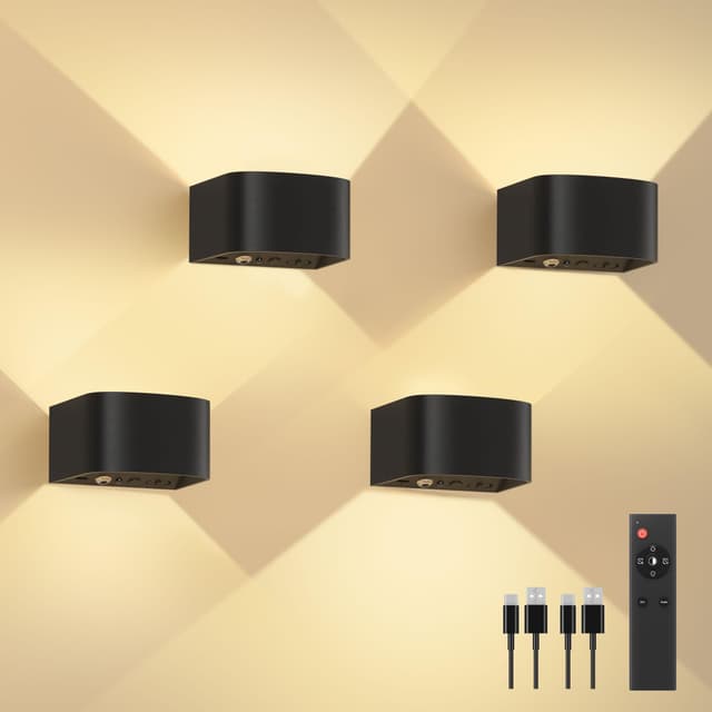 🔦🌌 FULEN 4 Stück Akku Wandlampe Innen mit Bewegungssensor, Fernbedienung 3 Farben Wandlicht Up and Down Innen LED Wandleuchte 3 Modi Wiederaufladbare Batteriebetriebene Wandlampen Helligkeit Einstellbar Schwarz – 4 Stück 🌌🔦