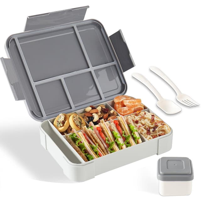 Swkien Brotdose mit Fächern - 1300ml Bento Box Kinder Lunchbox mit Besteck - Brotdosen mit Trennfächern Auslaufsicher Brotzeitbox(Grau) Hellgrau 🍱