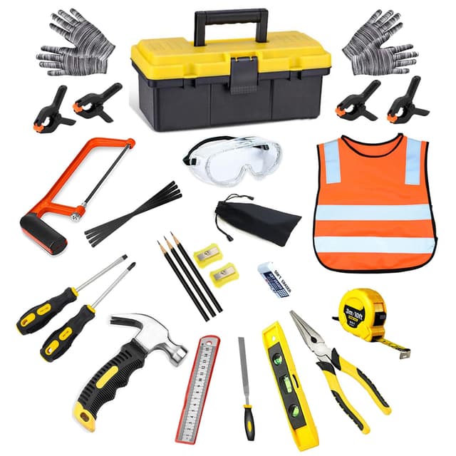 🔨🔧 QeeHeng Kinder-Werkzeug-Set: Holzbearbeitungswerkzeug-Set - 30 Stück Baumeister Kinder Echte Handwerkzeuge Kit