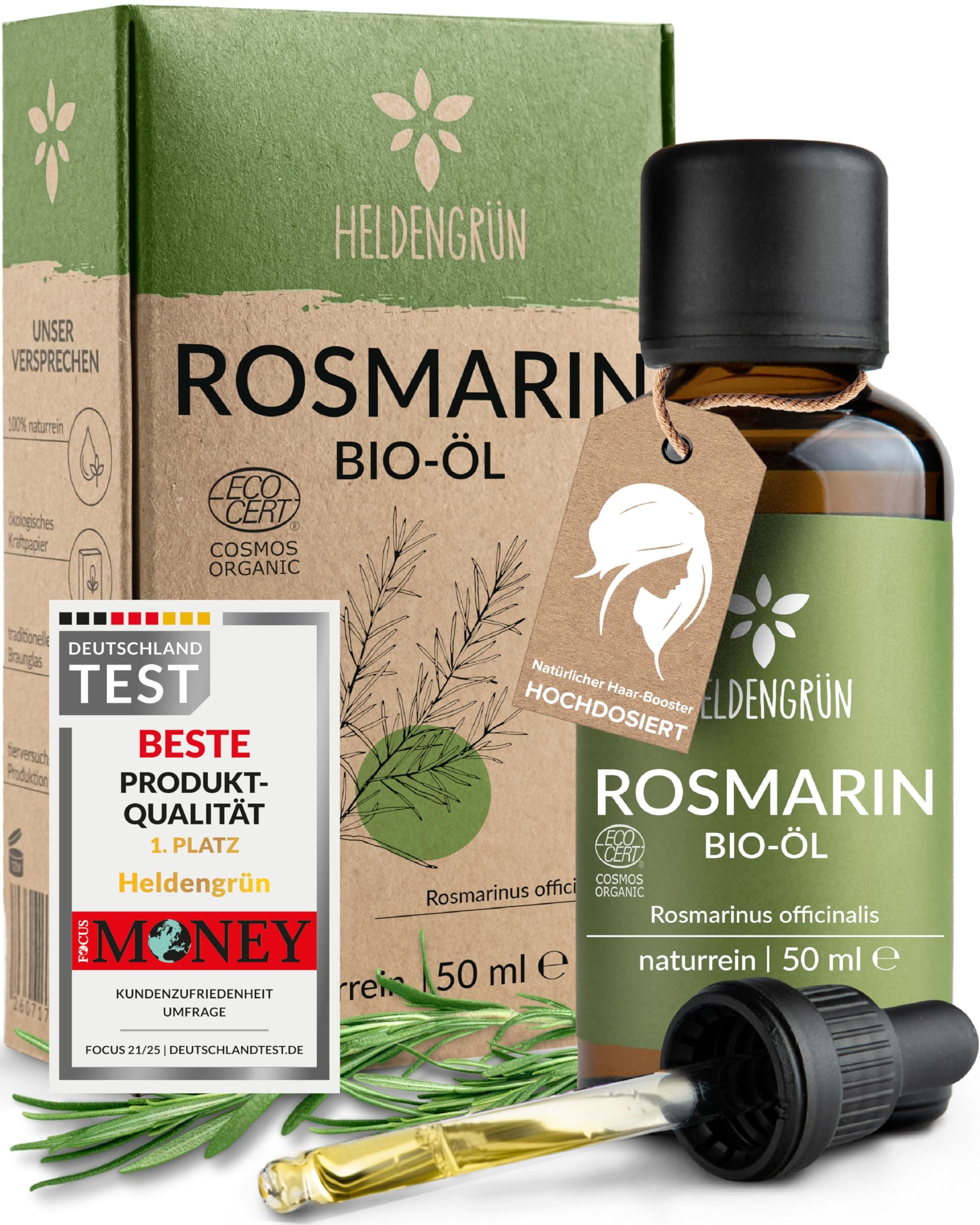 Heldengrün® BIO Rosmarinöl 50 ml 🌿 [Inkl. PIPETTE] - Natürlicher Haar-Booster