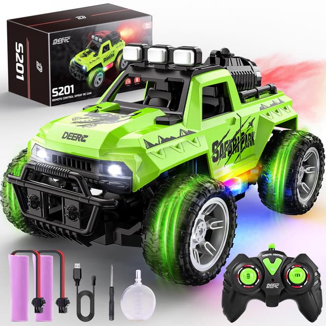 DEERC 1:18 RC Auto mit Nebeleffekt & bunten LED-Lichtern 🦖🚚🌈