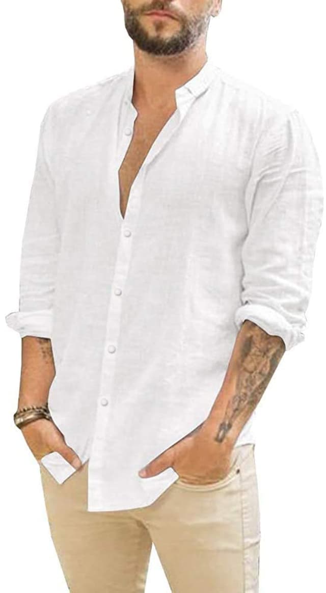 Friptspyg Leinenhemd Herren Hemd Langarm Baumwolle Leinen Hemden Button-Down Freizeithemden Casual Regular Fit Sommerhemd M Weiß 🌟