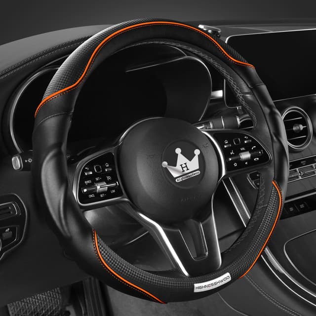 HighnessHwoo 3D Auto Lenkradabdeckung | Komfortgriff Massage | Sportlich | Rutschfest | Karbonfaser Kunstleder | Orange Schwarz+orange | Größere Grössen 39-41cm