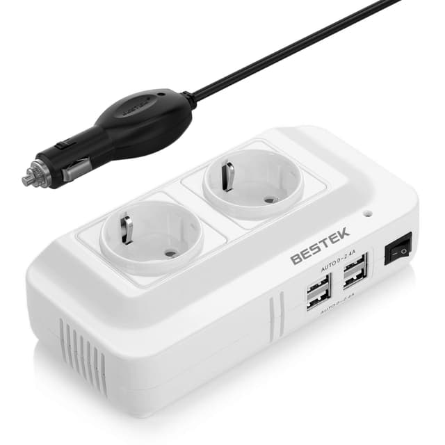 🚗💡⚡ BESTEK 200W KFZ Spannungswandler Wechselrichter DC 12V auf AC 230V mit 2 Steckdosen und 4 USB Autoladegerät inkl. Zigarettenanzünder Stecker Weiß