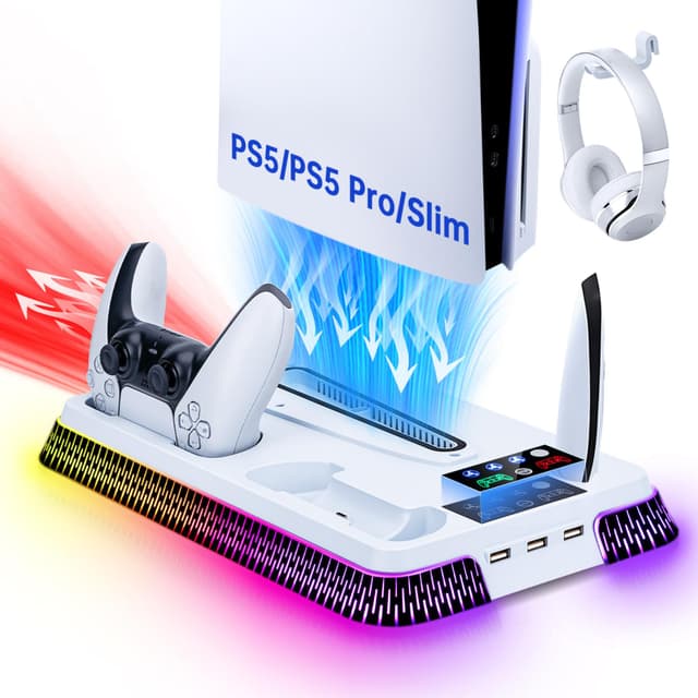 Tolesum PS5 Standfuß mit Kühlung und Ladestation - Vertikaler Ständer mit 3 USB Hubs und RGB Licht - Weiß ⭐🎮