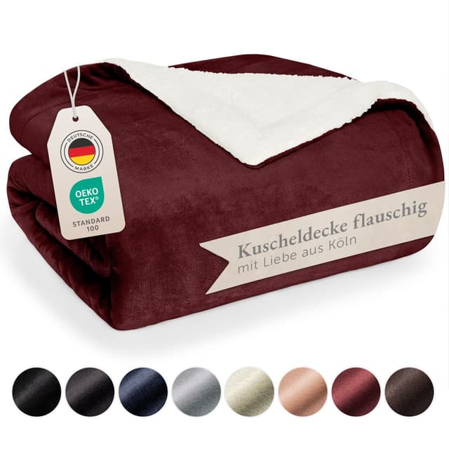 🌟 Blumtal Premium Sherpa Kuscheldecke 220x240 cm - Wohndecke in Dunkelrot 🌙