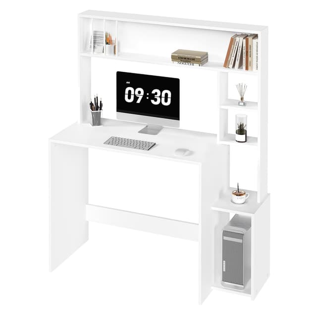 eSituro Schreibtisch mit Regal 🖥️📚 - 5-stufiges Bücherregal, Bürotisch weiß, Gamingtisch mit Stauraum