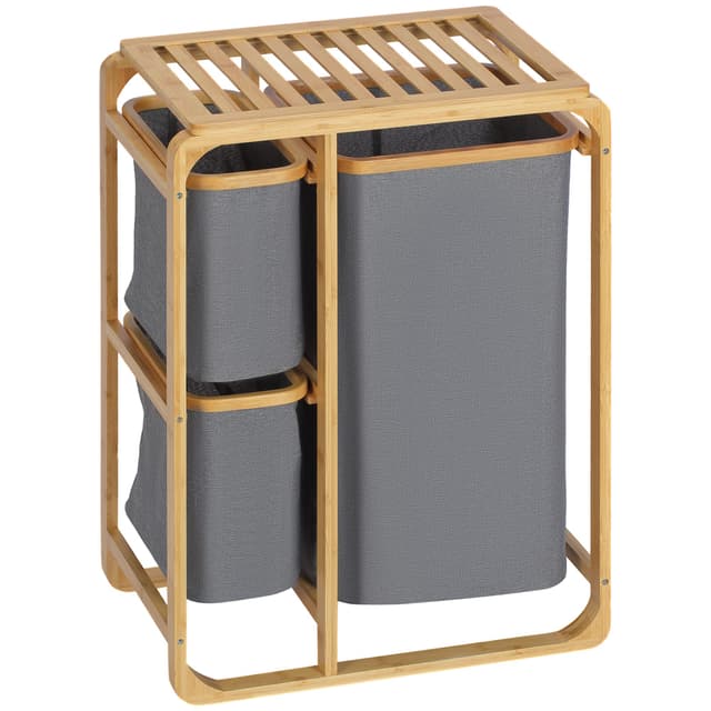 🧺 HOMCOM Wäschekorb Wäschesammler mit 3 abnehmbaren Wäschesäcken Bambus Grau+Natur 50 x 32 x 69,7 cm