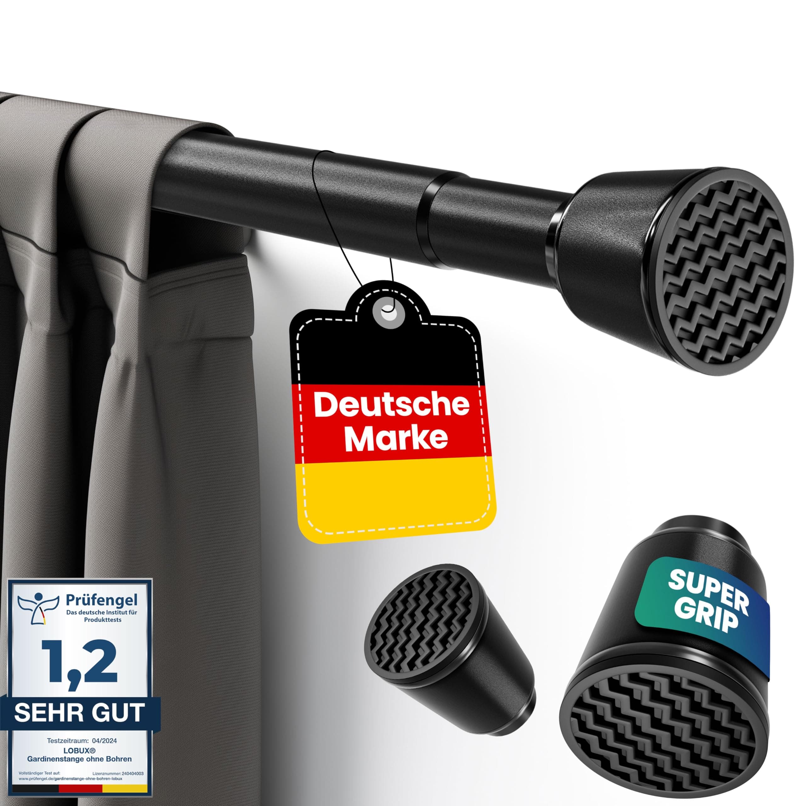 LOBUX® - Gardinenstange ohne bohren [schwarz, 110-250cm] – Teleskopstange Vorhang ausziehbar