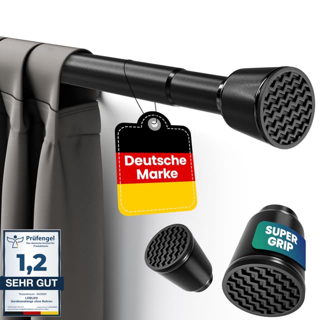 LOBUX® - Gardinenstange ohne bohren [schwarz, 110-250cm] – Teleskopstange Vorhang ausziehbar