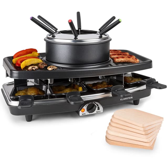 🧀🍲🥩 Klarstein 3-in-1 Raclette Fondue Kombi und Grill, 1100W - Set mit Steinplatte Schwarz
