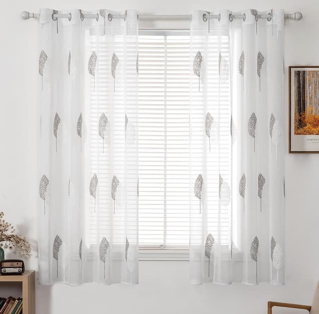MIULEE Kurz Vorhänge Transparent mit Grau und Weiss Blätter Muster 🌿🪴