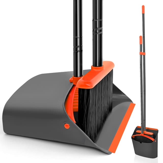 🧹 JEHONN Besen und Kehrschaufel Set mit Langem Stiel 137 cm, Kehrbesen und Aufrecht Stehende Schaufel mit Kammzähnen, Broom Kehrset für Innen Haus Küche Lobby Garten Büro Zimmer (Schwarz Orange) 🧡