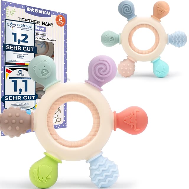 👶🦷 OKONKN Beißring Baby Zahnungshilfe - 2 Stück-A 🛥️