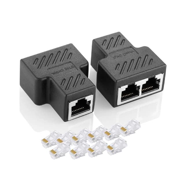 🔌🖧 Mhinese 1 Paar RJ45 Splitter + 10 Kristallköpfen - LAN Splitter 1 bis 2 für Cat5 Cat5e Cat6 Cat6 Cat7 Cat8-Kabel Schwarz