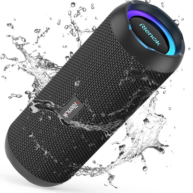 RIENOK Bluetooth Lautsprecher mit Licht Bluetooth 5.3 Musikbox Bass Kabellos Box mit IPX7 wasserdicht Stereo Sound Tragbar Schwarz 3,600 mAh 🎶🔊