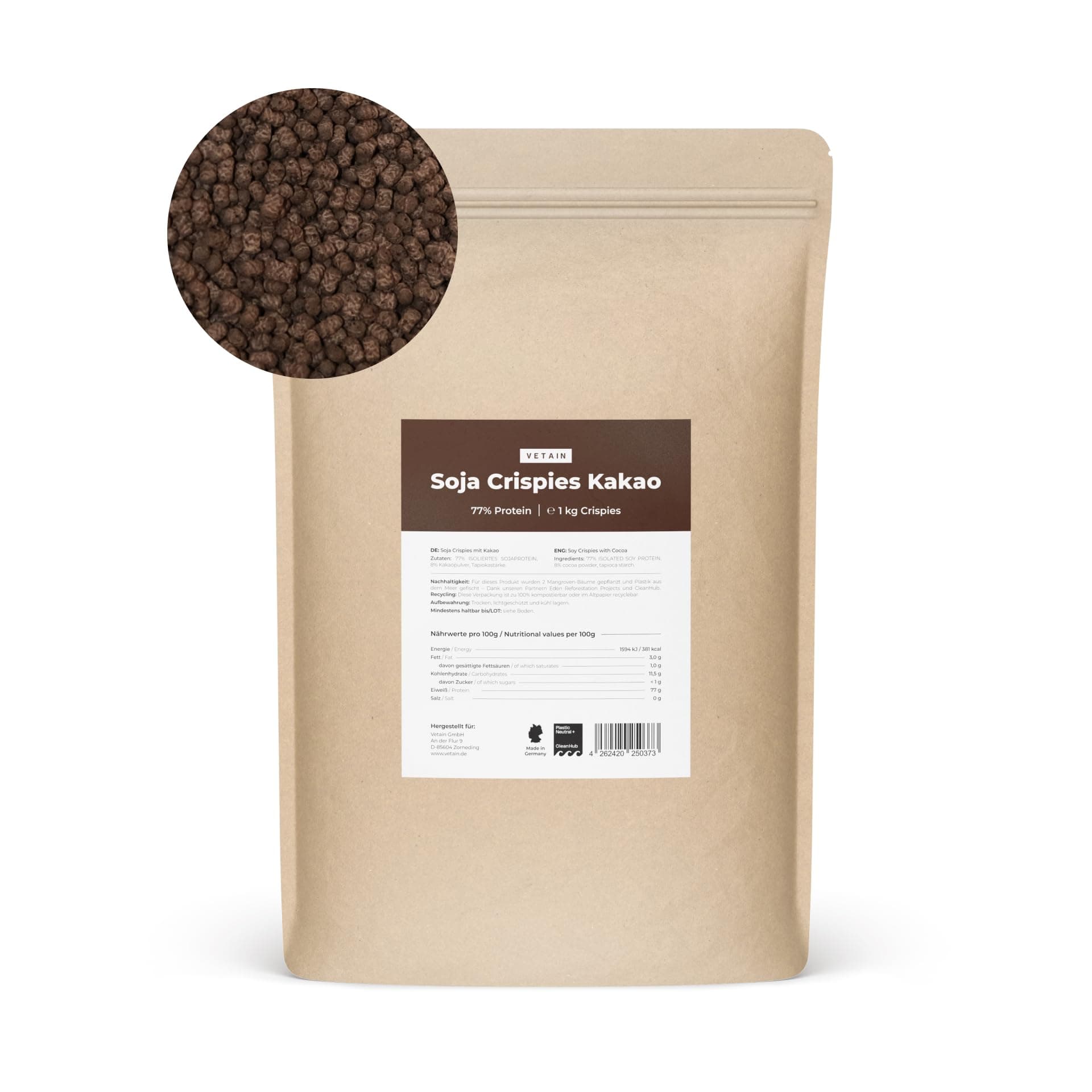 VETAIN Soja Protein Crispies Kakao 1kg - 77% Protein - Vegan, zuckerfrei & laktosefrei