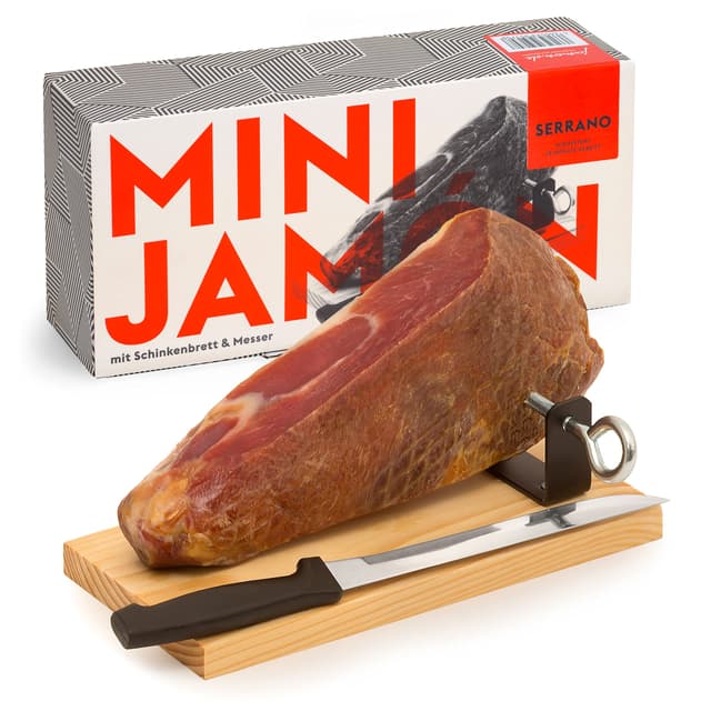 MINI-JAMON SERRANO von jamon.de 🎁🍖 | Geschenkkarton & Zubehör | Luftgetrocknete Serrano-Spezialität