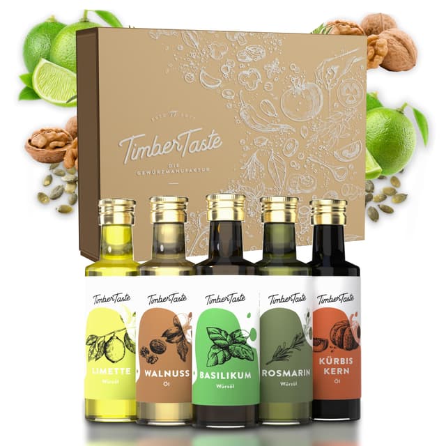 🎁 TIMBER TASTE® Essig & Öl Geschenkset Frauen [Würzig] - 5 erlesene Essige & Speiseöle [5x40ml]
