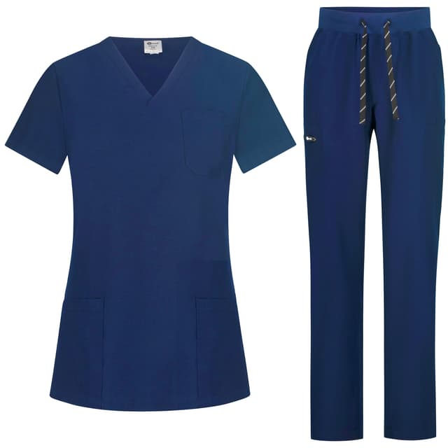 B-well Bella Damen-Schrubb-Set Schlupfkasack + Schlupfhose Set Medizin Arzt Uniform Schlupfjacke Oberteil mit Hose Medizinische Berufsbekleidung mit Elastan L Dunkelblau 😷👩‍⚕️
