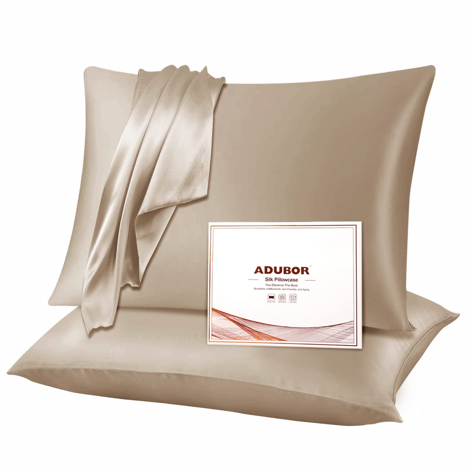 Adubor Seidenkissenbezug 40x80cm für Haar und Haut - 23 Momme Seide (Taupe, 2 Stück)