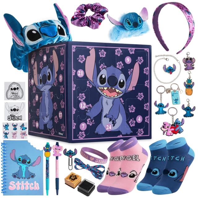 🎄 Disney Stitch Adventskalender 2024 - 24 Überraschungen mit Schreibwaren, Stempel, Zubehör (Lila Stitch Würfel) 🎁