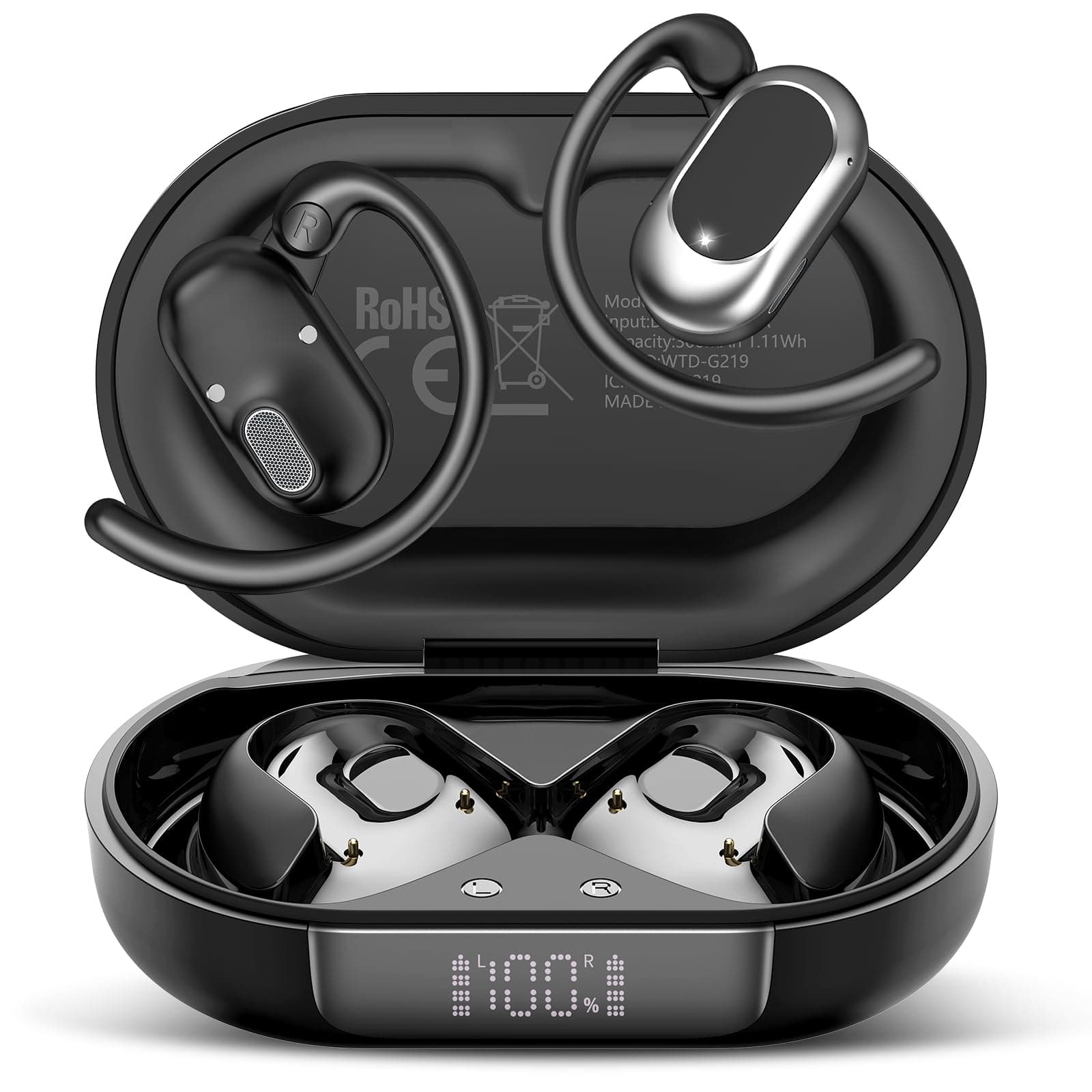 STECEi Open-Ear Kopfhörer 5.4 Bluetooth Kopfhörer, 2025 Verstellbare Ohrhaken Kopfhörer Kabellos Bluetooth starker Bass, 36H Spielzeit kopfhörer Sport IP7 Wasserfest für Sport, Laufen, LED, Schwarz 🎧