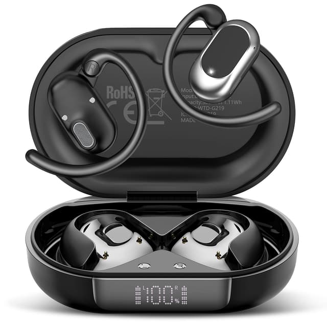 STECEi Open-Ear Kopfhörer 5.4 Bluetooth Kopfhörer, 2025 Verstellbare Ohrhaken Kopfhörer Kabellos Bluetooth starker Bass, 36H Spielzeit kopfhörer Sport IP7 Wasserfest für Sport, Laufen, LED, Schwarz 🎧