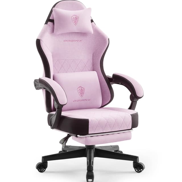 🎮 Dowinx Gaming Stuhl Stoff mit Frühling Kissen, Massage Lendenwirbelstütze Bürostuhl mit Fußstütze für Erwachsene, Ergonomischer Gaming Sessel Groß und Hoch für Office Gaming 135KG, Rosa