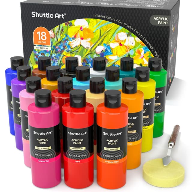 🎨 Shuttle Art Acrylfarben Set, 18 Farben in Flaschen (je 250ml, 8,45oz) 🖌️