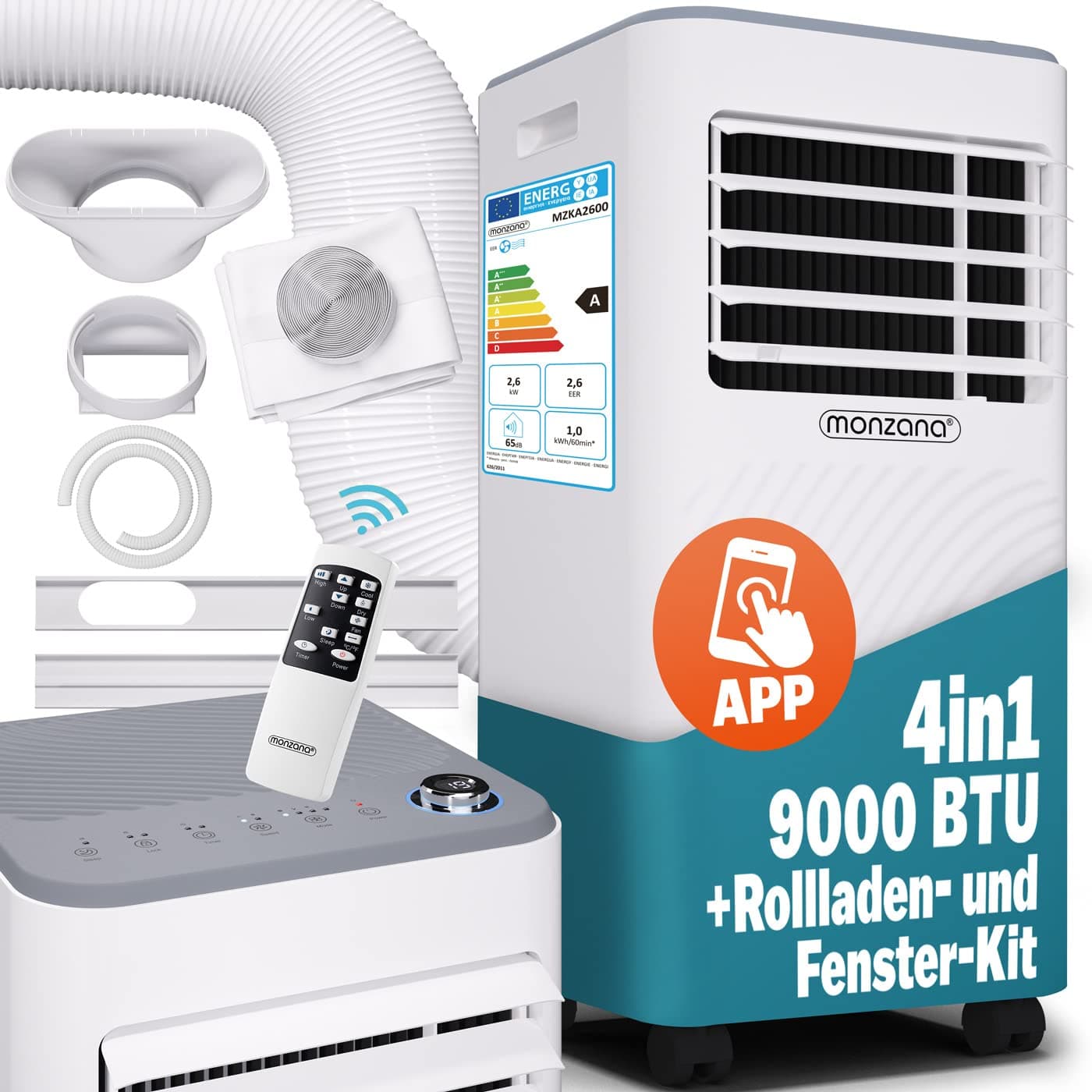 Monzana® Lokale Klimaanlage MZKA2600 WiFi App Mobil Fensterabdichtung Abluftschlauch 9000BTU 4in1 1000W 30qm Fernbedienung Luftentfeuchter Klimagerät 9000 BTU 🌬️❄️🏠