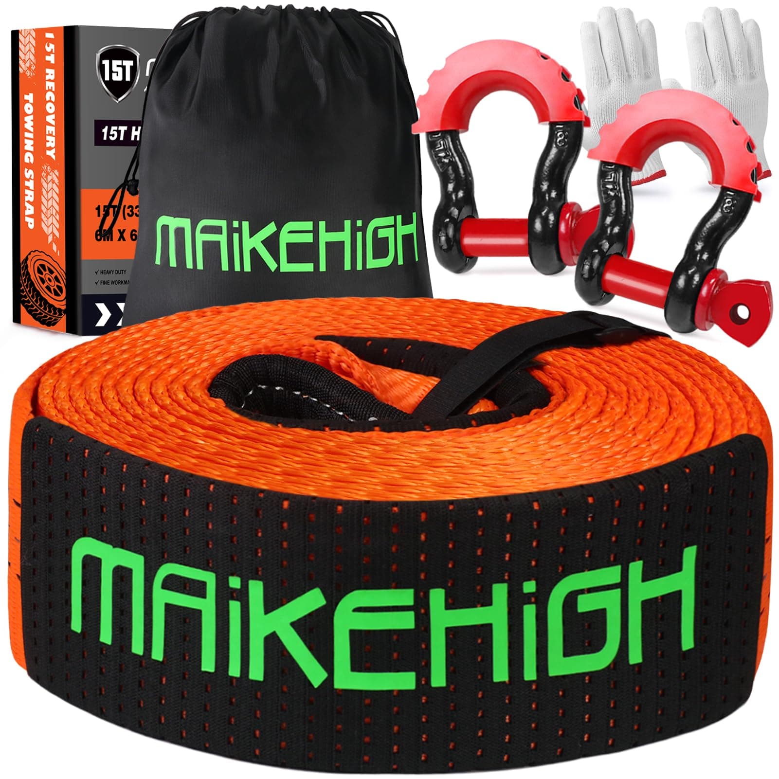 🚗 MAIKEHIGH Abschleppseil 15 Tonnen (33,700 Lbs), 6M x 7,6cm Abschleppgurt 🚗