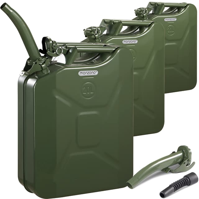 MONZANA® Metallkanister 3er-Set inkl. Ausgießer Verlängerung 20 L Stahl 36x17x46cm UN-Zulassung Werkstatt Benzinkanister Metallkanister oliv 3x 20L 🛢️🔒