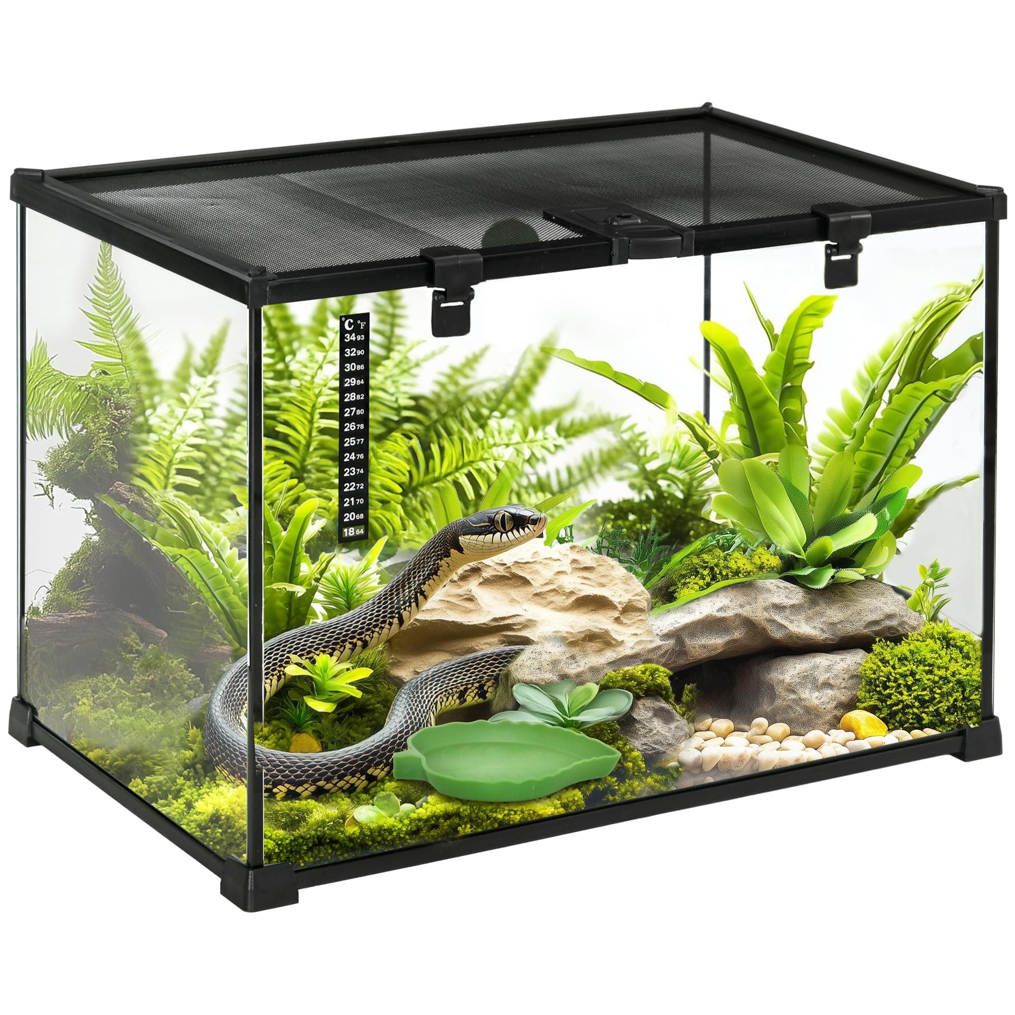 🦎 PawHut Terrarium für Reptilien 🕷️ Fütterungsbox Glasterrarium Amphibien Spinnentiere 🌡️ Schwarz 50 x 30 x 35 cm