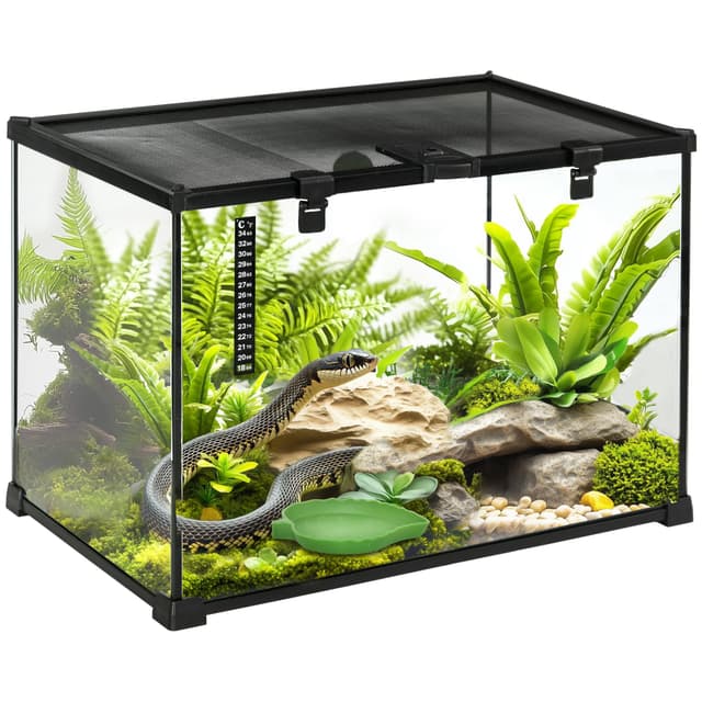 🦎 PawHut Terrarium für Reptilien 🕷️ Fütterungsbox Glasterrarium Amphibien Spinnentiere 🌡️ Schwarz 50 x 30 x 35 cm