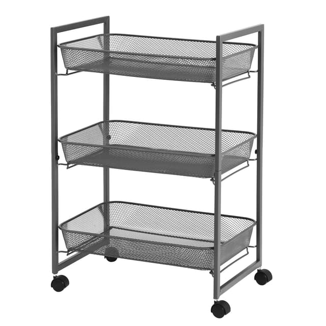 🛒 SONGMICS Rollwagen, Haushaltswagen, Badezimmerregal, Küchenregal, Nischenregal mit 3 Gitterkörben - Grau BSC061G01