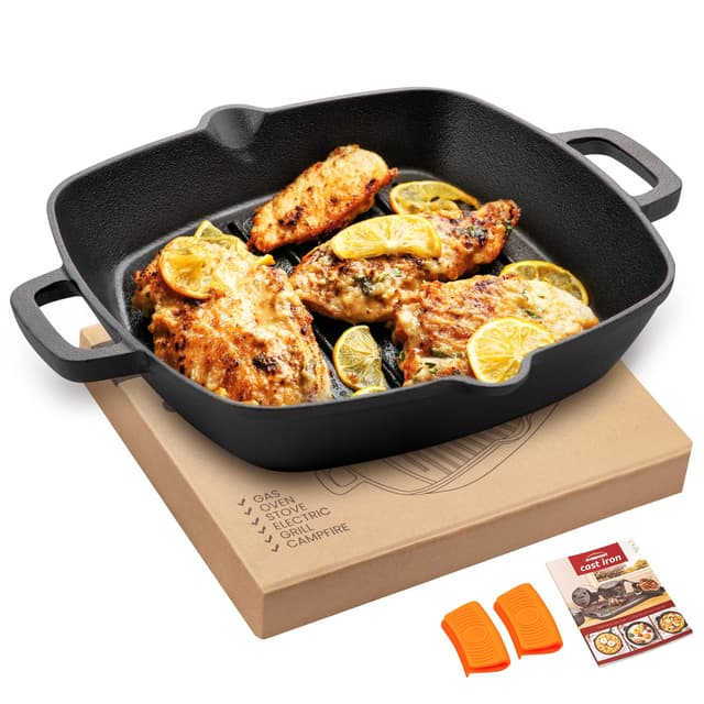OVERMONT Grillpfanne Gusseisen mit Griff - Voreingebrannte Steakpfannen Bratpfanne 26CM 🍳🔥