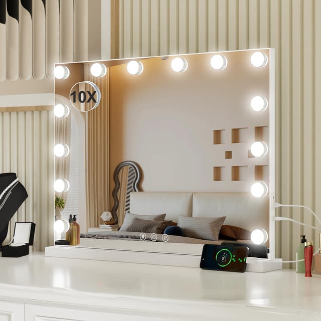 Teousev Schminkspiegel mit Beleuchtung, 50x42cm Hollywood Spiegel mit 14 LED-Glühbirnen