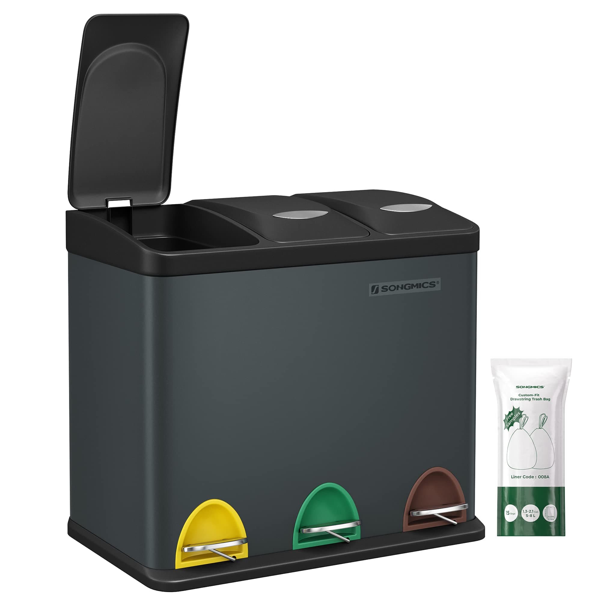 SONGMICS Mülleimer Küche, 3 x 8 L 🗑️ Kleine Kapazität, Mülltrennsystem 3 Fächer 🌿 Stahl-Treteimer für kleine Familien