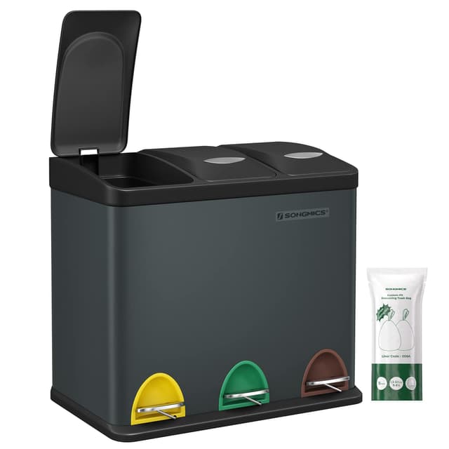 SONGMICS Mülleimer Küche, 3 x 8 L 🗑️ Kleine Kapazität, Mülltrennsystem 3 Fächer 🌿 Stahl-Treteimer für kleine Familien