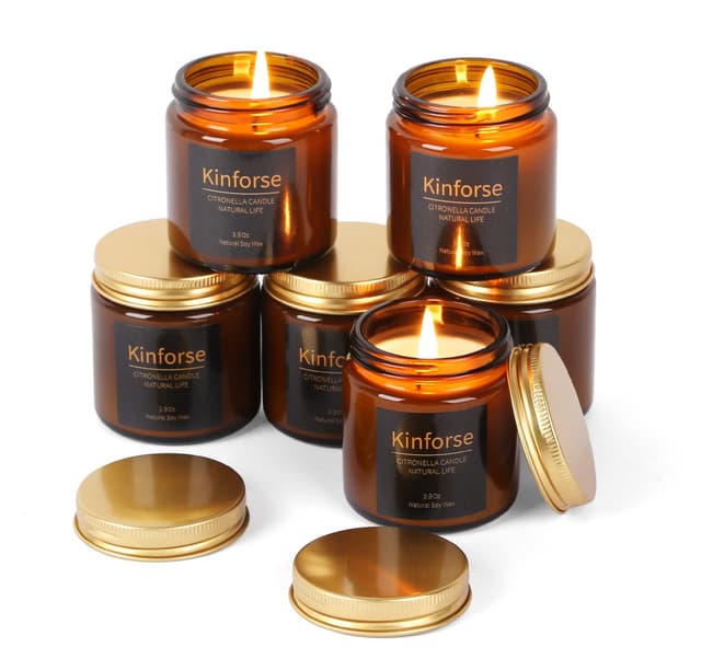 🕯️🌿 Kinforse Citronella Kerzen Outdoor & Indoor – 6er Set (120h Brenndauer) | 100% Bio-Sojawachs mit Zitronelladuft
